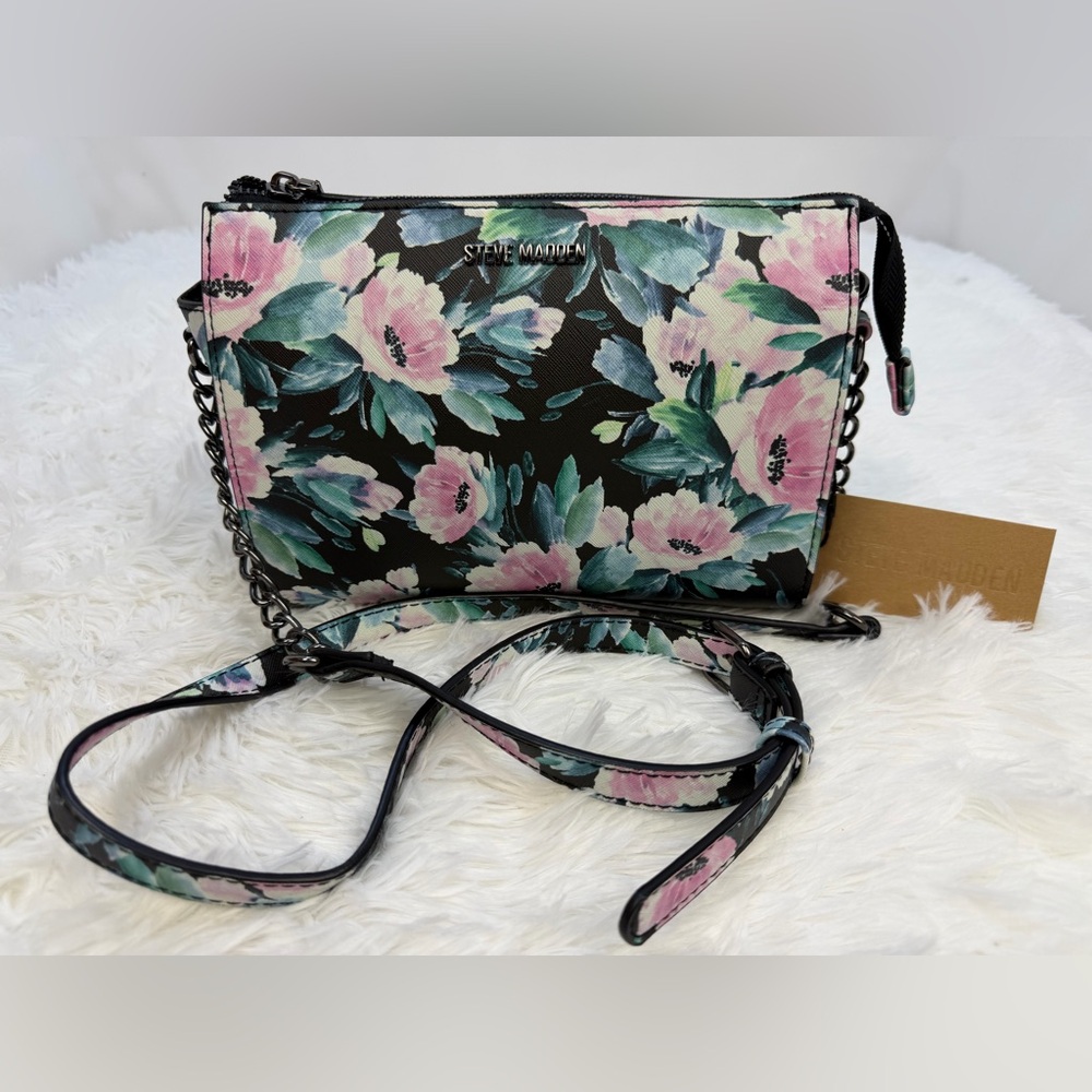 Steve Madden Blexi Black and Pink Floral Crossbody Bag